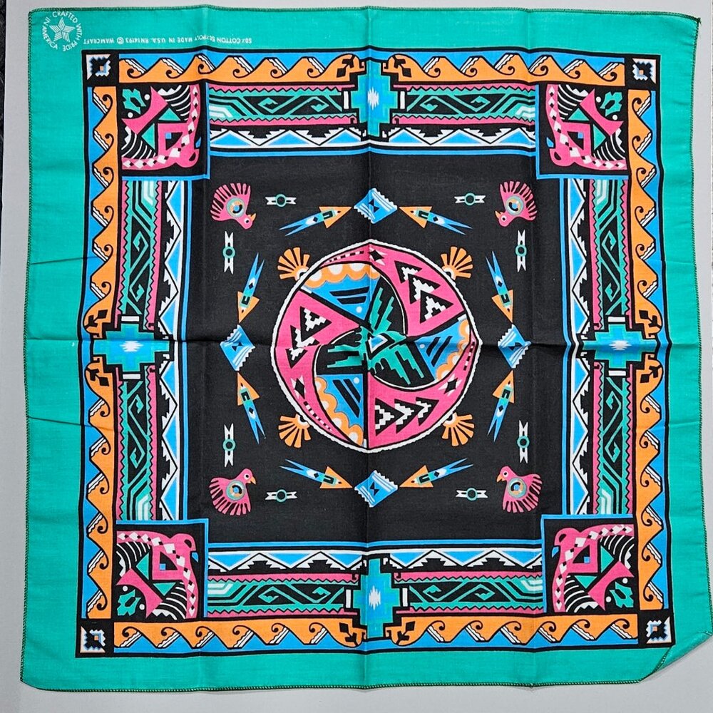 Vintage 80s Wamcraft Bandana Handkerchief Southwest Tribal Native Motif